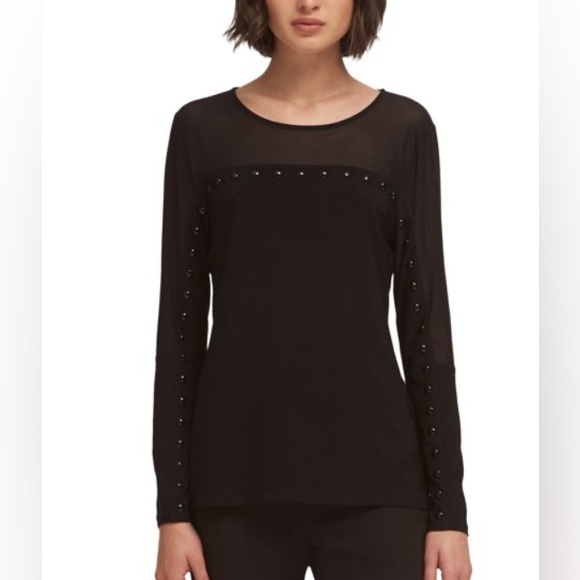 DKNY POLISHED NATURE 🖤BLACK🖤 MESH LONG SLEEVE PULLOVER TOP SIZE SMALL 🌟NWT🌟 - Picture 1 of 16